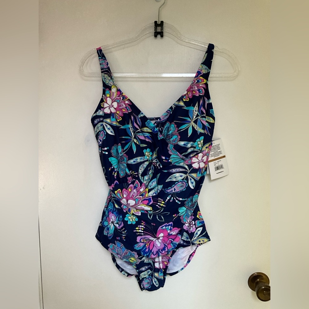 ✨Maxine of Hollywood Navy//Tulum Tiki Floral Bathing Suit Size 12 - Picture 4 of 14